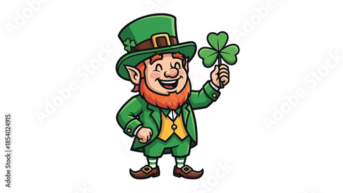 A cheerful leprechaun dressed in green, holding a shamrock, symbolizing Irish folklore and St. Patrick's Day.