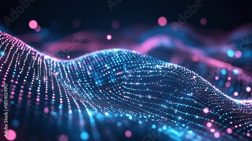 Abstract digital wave, glowing particles, dark background, tech concept