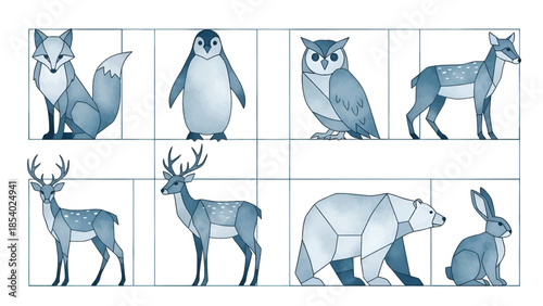 Diverse geometric animal illustrations collection with a Watercolor finish, displaying wildlife from varied perspectives.