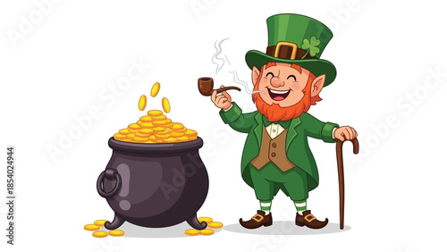 A cheerful leprechaun in a green suit and hat, smoking a pipe and holding a cane, stands beside a pot overflowing with gold coins.