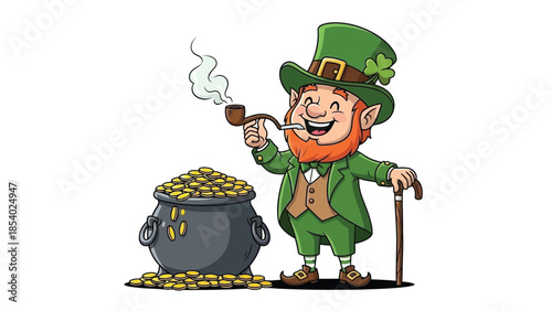 A cheerful leprechaun in a green suit, holding a pipe and leaning on a cane, stands beside a pot overflowing with gold coins.