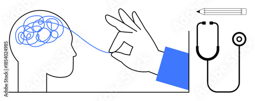 Mental health, therapy, diagnosis, healthcare, problem-solving, creative thinking. Simple graphic of a hand untangling threads from a human brain, pencil and stethoscope. Mental health and therapy