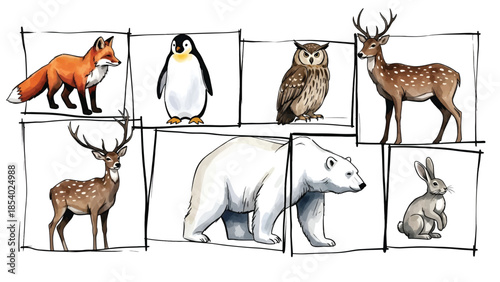 Watercolor wild animal collection: fox, penguin, deer, owl, polar bear, rabbit, individually framed.