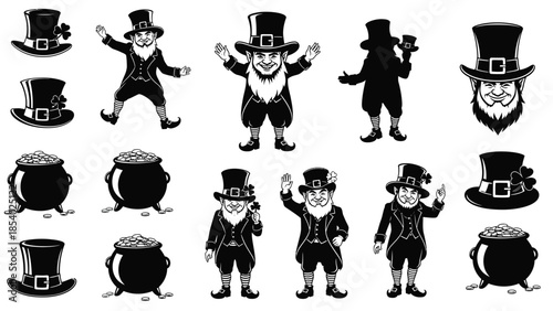 Collection of St. Patrick's Day themed illustrations featuring leprechauns, pots of gold, and top hats.
