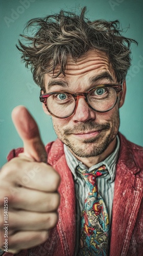 Quirky creative professional with messy hair and vintage glasses gives an enthusiastic thumbs-up, wearing a vibrant jacket and colorful artistic tie against a teal background