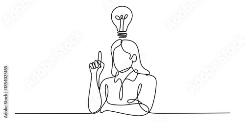 One line drawing of woman with lightbulb idea symbol above head