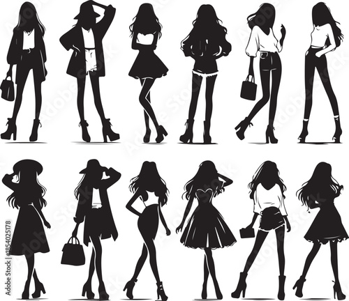 group of girl's icon silhouette vector with white background