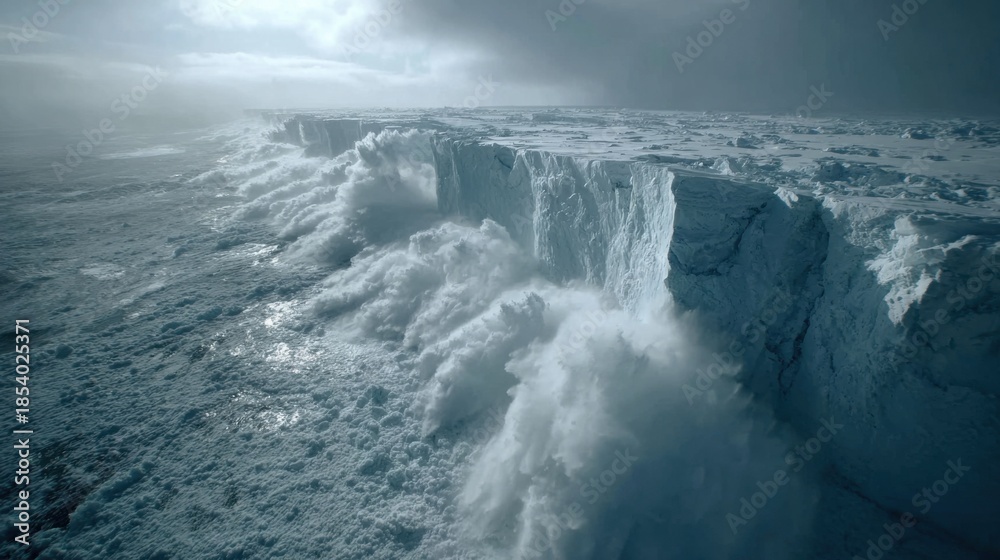 Fototapeta premium A cinematic aerial shot over the Antarctic ocean, capturing a massive glacier slowly fracturing along the coast, enormous chunks of ice breaking off and crashing into the freezing sea 