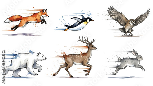 Dynamic Watercolor Animal Collection: A vibrant illustration of diverse creatures in rapid motion, isolated on white.