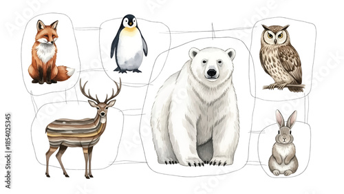 Watercolor illustration displaying various wild animals: fox, polar bear, deer, owl, rabbit, penguin, arranged on white background.