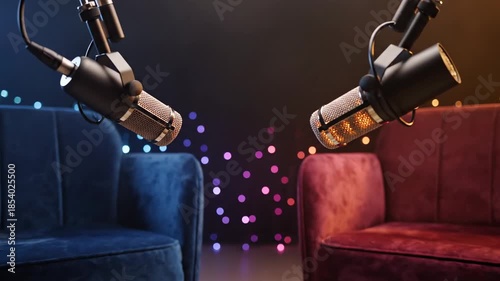 Podcast Studio Setup with Two Chairs and Microphones.