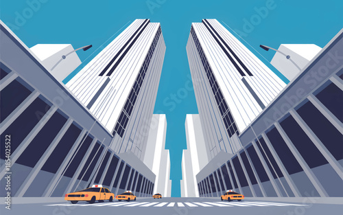 Yellow taxis drive past towering skyscrapers under a blue sky