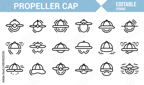 Retro propeller beanie line icon set