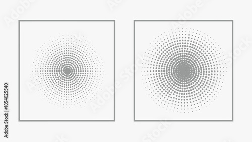 Abstract radial dot pattern designs with concentric circles and gradients, showcasing a modern graphic aesthetic