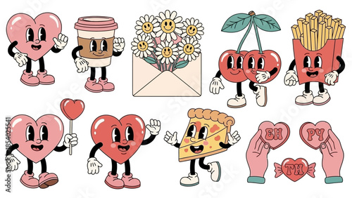 Retro Valentine's Day Characters Hearts, Coffee, Fries, Pizza, and Cherries