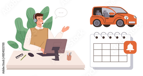 Customer support agent using headphones at desk, orange car, and calendar with a notification icon. Ideal for scheduling, customer service, car rental, planning, reminders, organization time