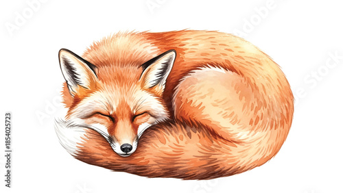 Peaceful wild fox resting, curled up in a serene pose, depicted in a charming Watercolor illustration with a gentle artistic touch.