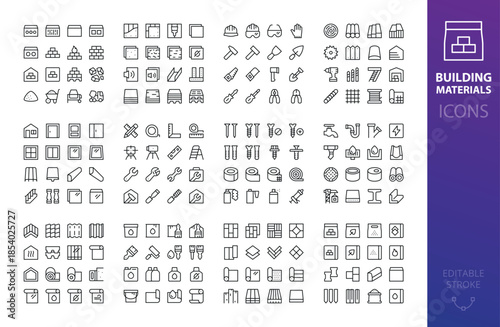 Building materials and hand tools mega icons set - lumber, roofing, sewerage, bricks, blocks, flooring, windows, doors, drywall, OSB, cement, screws, nails, paint vector symbols with editable stroke