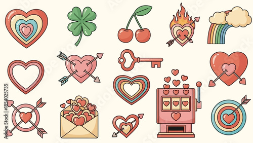 Retro Valentine's Day Icon Set Hearts, Cherries, Rainbows, and More