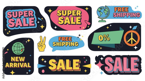Vibrant Retro Sale Sticker Pack Super Sale, Free Shipping, New Arrival Announcements for Your Business