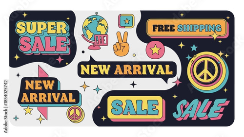 Groovy Retrofuturistic Sale and New Arrival Collection, Vector Illustration of Vintage Advertising Elements