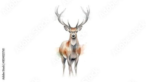 Majestic wild deer, full-body watercolor illustration from front viewpoint, standing elegantly, capturing natural grace.