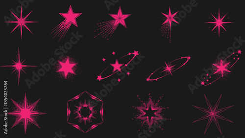 Collection of Pink Starbursts and Twinkling Star Designs on a Black Background