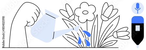 Nature care, creativity, vocal assistance, gardening, eco-consciousness, digital tools. A hand watering flowers, microphone marker symbol nearby. Nature care and creativity concepts