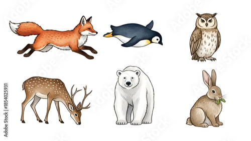 A delightful collection of watercolor animal illustrations, featuring a fox, deer, owl, penguin, polar bear, and rabbit.