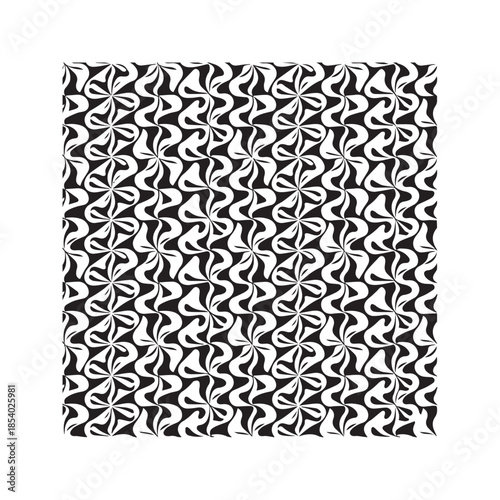 Abstract black and white floral geometric pattern background featuring retro swirling petals and seamless monochrome pinwheel design.
