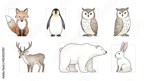 Watercolor animal illustrations: a delightful collection of diverse wild creatures, isolated on a clean white background.