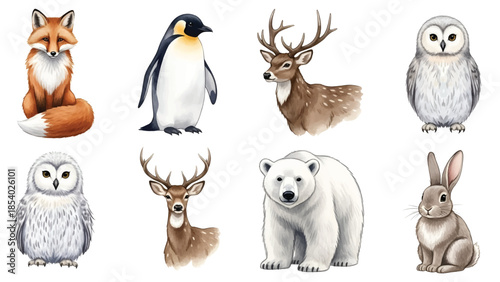 Collection of diverse wild animals, charming Watercolor illustrations. Individual wildlife portraits, captured from a front studio viewpoint.