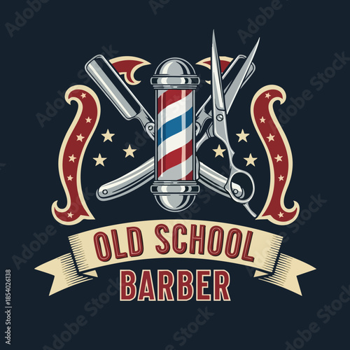 Classic barber tools emblem on a dark background representing traditional grooming services in a vintage style design