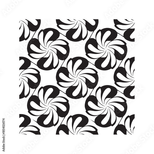 Abstract black and white floral geometric pattern background featuring retro swirling petals and seamless monochrome pinwheel design.
