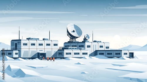 Arctic polar research station with a large satellite dish.
