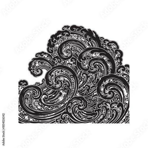 Vertical black and white decorative wave pattern background featuring intricate swirling lines, traditional Japanese ocean style, and ornamental fluid curls.
