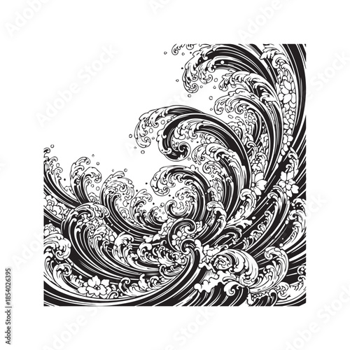 Vertical black and white decorative wave pattern background featuring intricate swirling lines, traditional Japanese ocean style, and ornamental fluid curls.
