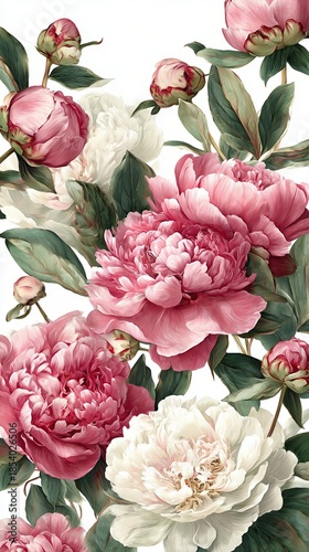 Lush botanical watercolor of pink and white peonies in full bloom, showcasing delicate petals and verdant leaves in an elegant floral composition