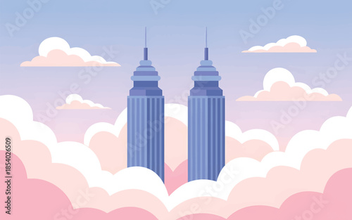 Twin skyscrapers emerging from pink and white clouds