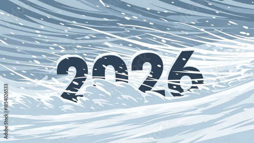 Bold dark blue numbers 2026 emerging from swirling icy blue and white snowstorm or blizzard background