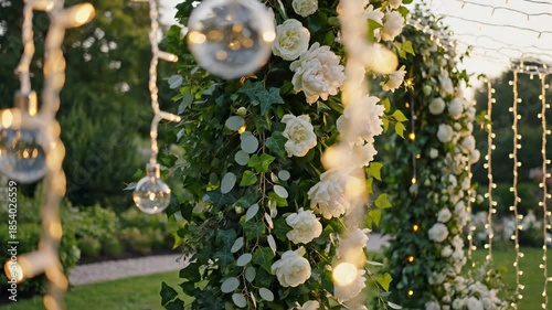 Beautiful Wedding Arch Decorated with White Roses and Fairy Lights.