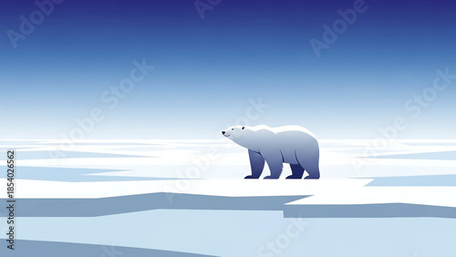 A solitary polar bear stands alone in a vast arctic landscape.