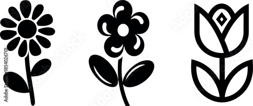 A collection of simple black and white flower icons including daisy, stylized bloom, and tulip