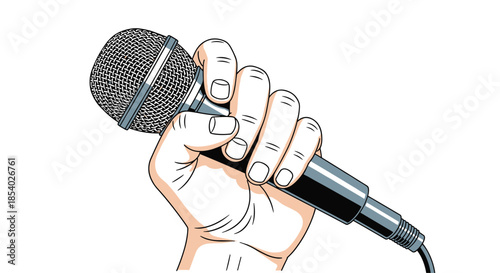 Close up illustration of a human hand firmly gripping a professional vocal microphone isolated against a solid white background.