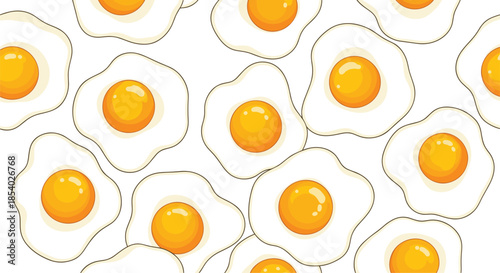 Seamless food pattern featuring multiple sunny side up fried eggs with bright yellow yolks on a clean white background.