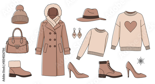 Stylish collection of women winter fashion items including a long coat, sweaters, hats, boots, and a handbag in beige tones.