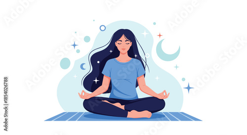Peaceful illustration of a young woman practicing meditation in a lotus pose under a starry night sky with a crescent moon.