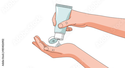 Close-up illustration of hands squeezing moisturizer or ointment from a blue tube onto a palm for professional skin treatment.