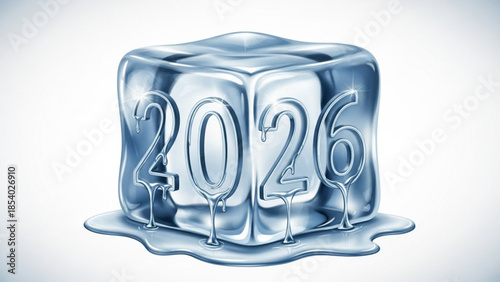 Melting ice cube with the year 2026 embossed and dripping water on a light background, symbolizing time