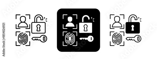 Biometrics  Solid color and black line drawing vector illustration set